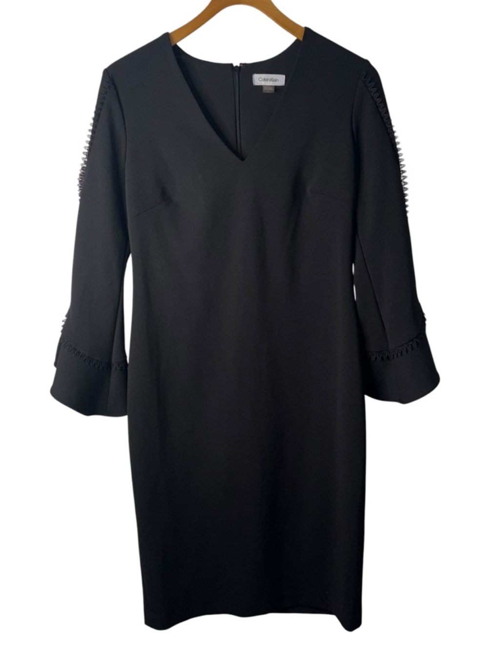 Calvin Klein Solid Black Ruffle Sleeve Lace Trim V Neck Sheath Dress Size 6